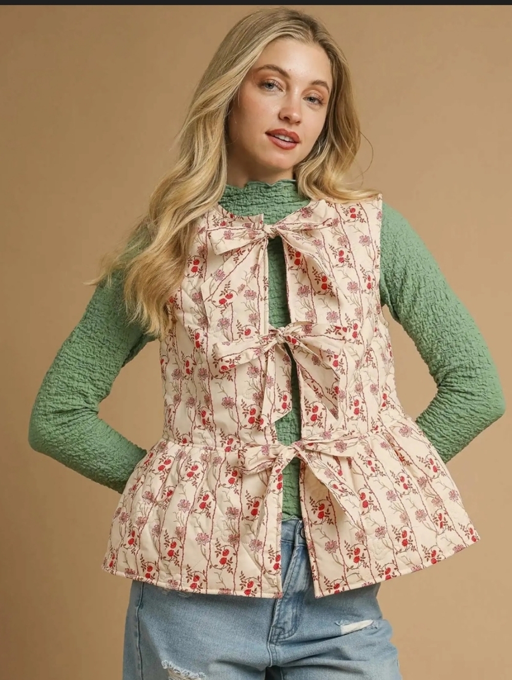 Umgee NWT Floral Tie-Front Ivory and Pink Quilted Vest Size Large